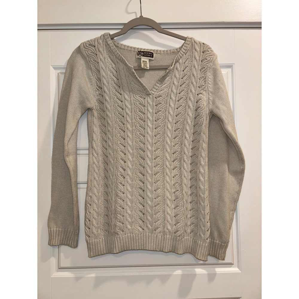 Route 66 Womens V-Neck Cable Knit Sweater Beige Cotton Blend Medium SEAS 5007